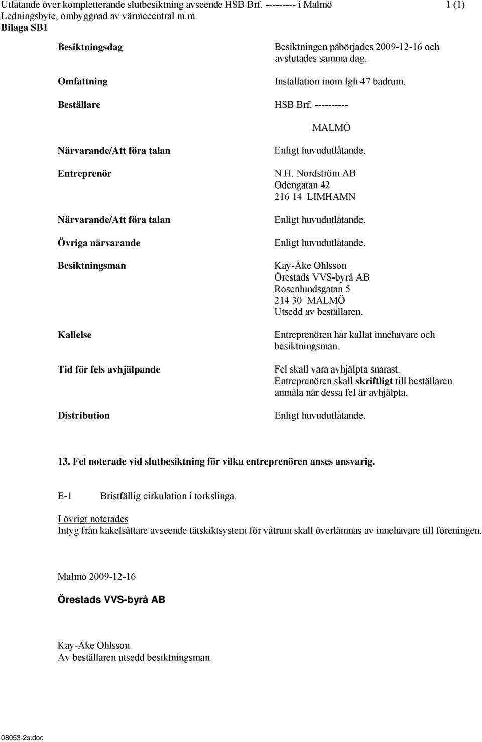 ---------- MALMÖ Närvarande/Att föra talan Entreprenör Närvarande/Att föra talan Övriga närvarande Besiktningsman Kallelse Tid för fels avhjälpande Distribution N.H.