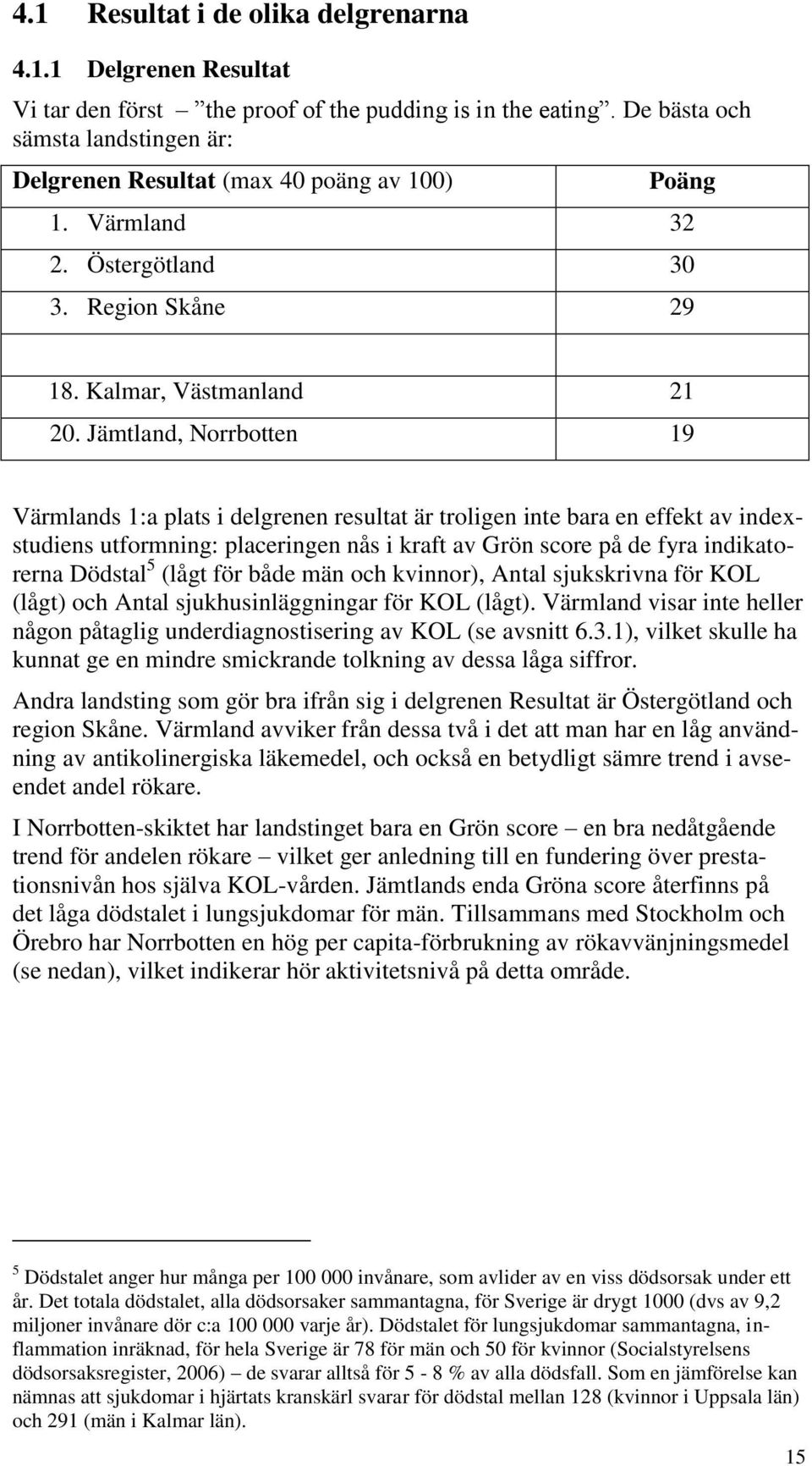 Jämtland, Norrbotten 19 Värmlands 1:a plats i delgrenen resultat är troligen inte bara en effekt av indexstudiens utformning: placeringen nås i kraft av Grön score på de fyra indikatorerna Dödstal 5
