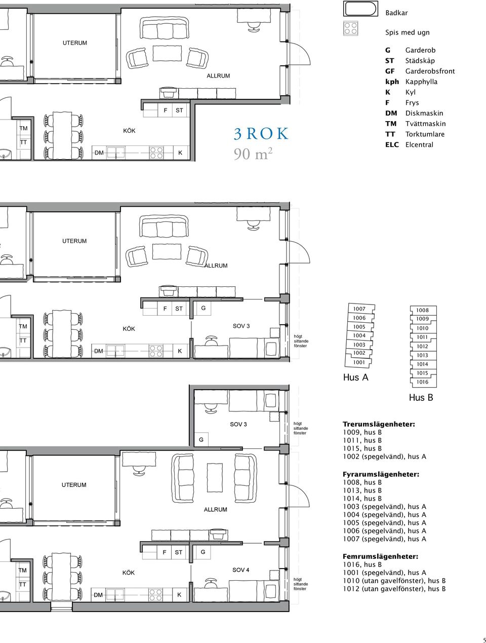 hus B 1011, hus B 1015, hus B 1002 (spegelvänd), hus Fyrarumslägenheter: 1008, hus B 1013, hus B 1014, hus B 1003 (spegelvänd), hus 1004 (spegelvänd), hus 1005 (spegelvänd), hus