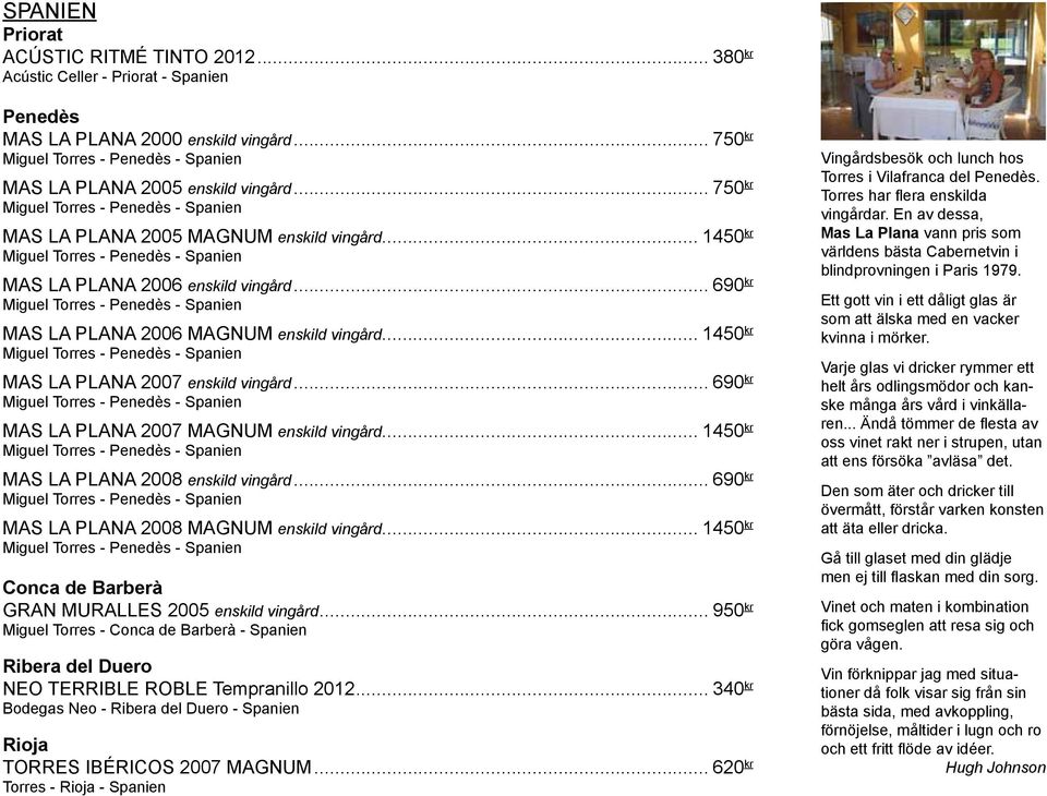 .. 1450 kr Miguel Torres - Penedès - Spanien MAS LA PLANA 2006 enskild vingård... 690 kr Miguel Torres - Penedès - Spanien MAS LA PLANA 2006 magnum enskild vingård.