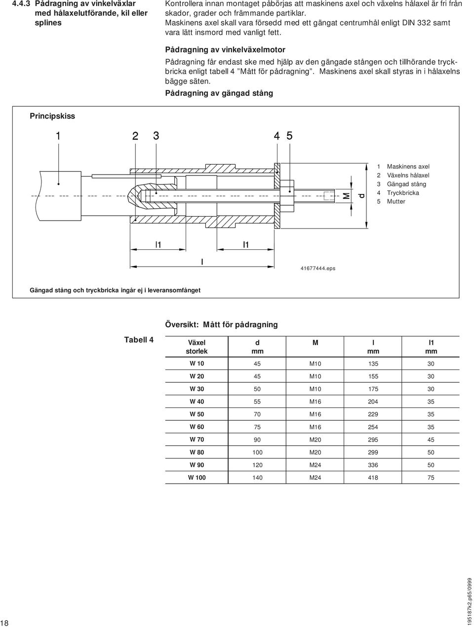 Pådragning av vinkelväxelmotor Pådragning får endast ske med hjälp av den gängade stången och tillhörande tryckbricka enligt tabell 4 Mått för pådragning.
