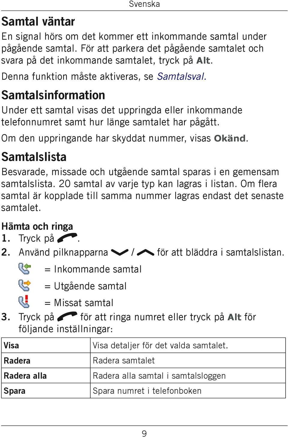 Om den uppringande har skyddat nummer, visas Okänd. Samtalslista Besvarade, missade och utgående samtal sparas i en gemensam samtalslista. 20 samtal av varje typ kan lagras i listan.