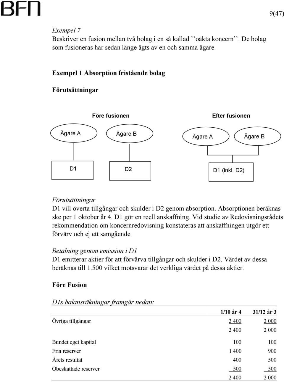 D2) Förutsättningar D1 vill överta tillgångar och skulder i D2 genom absorption. Absorptionen beräknas ske per 1 oktober år 4. D1 gör en reell anskaffning.