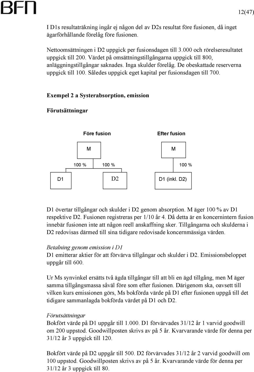 Således uppgick eget kapital per fusionsdagen till 700. Exempel 2 a Systerabsorption, emission Förutsättningar Före fusion Efter fusion M M 100 % 100 % 100 % D1 D2 100% D1 (inkl.