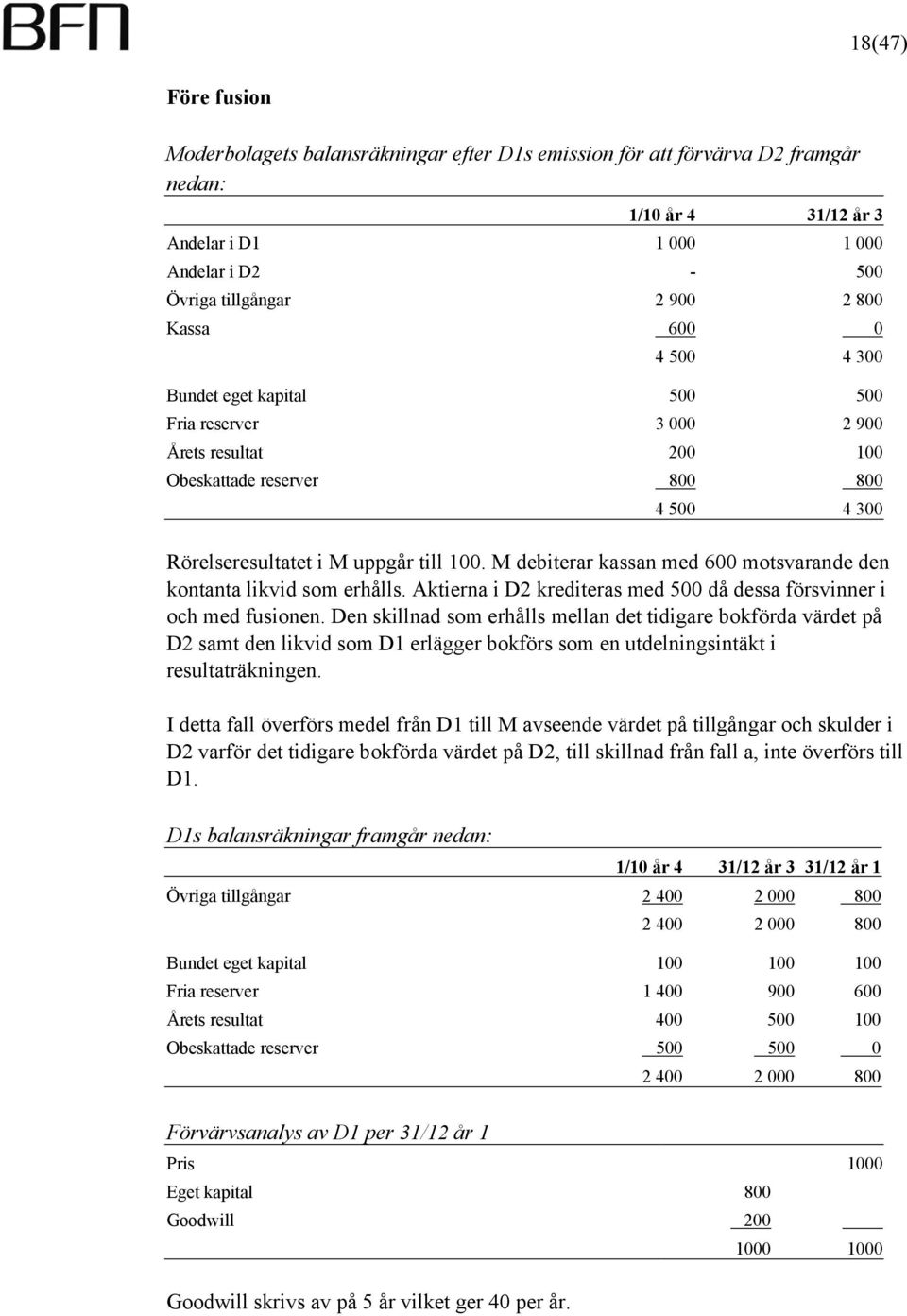 M debiterar kassan med 600 motsvarande den kontanta likvid som erhålls. Aktierna i D2 krediteras med 500 då dessa försvinner i och med fusionen.