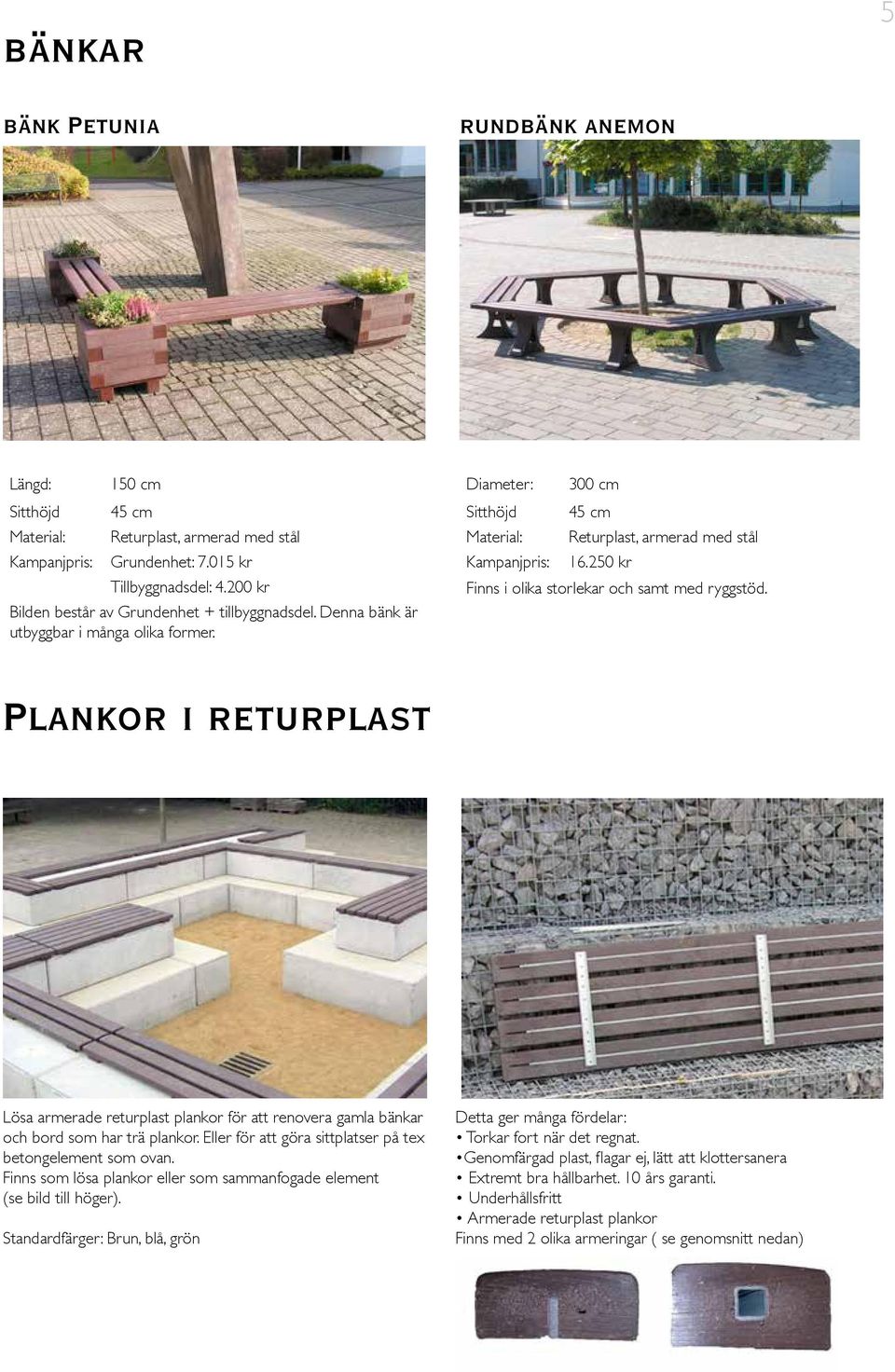 Plankor i returplast Lösa armerade returplast plankor för att renovera gamla bänkar och bord som har trä plankor. Eller för att göra sittplatser på tex betongelement som ovan.