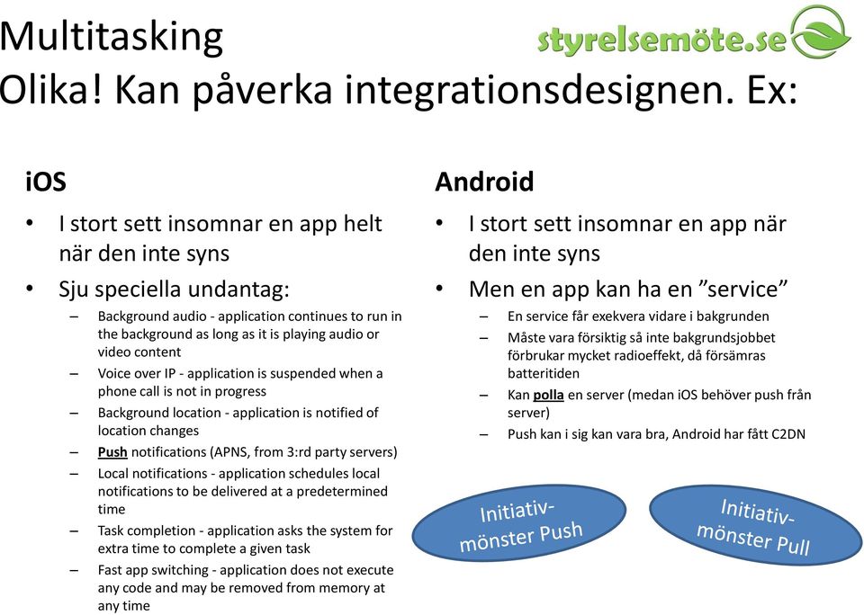 Voice over IP - application is suspended when a phone call is not in progress Background location - application is notified of location changes Push notifications (APNS, from 3:rd party servers)
