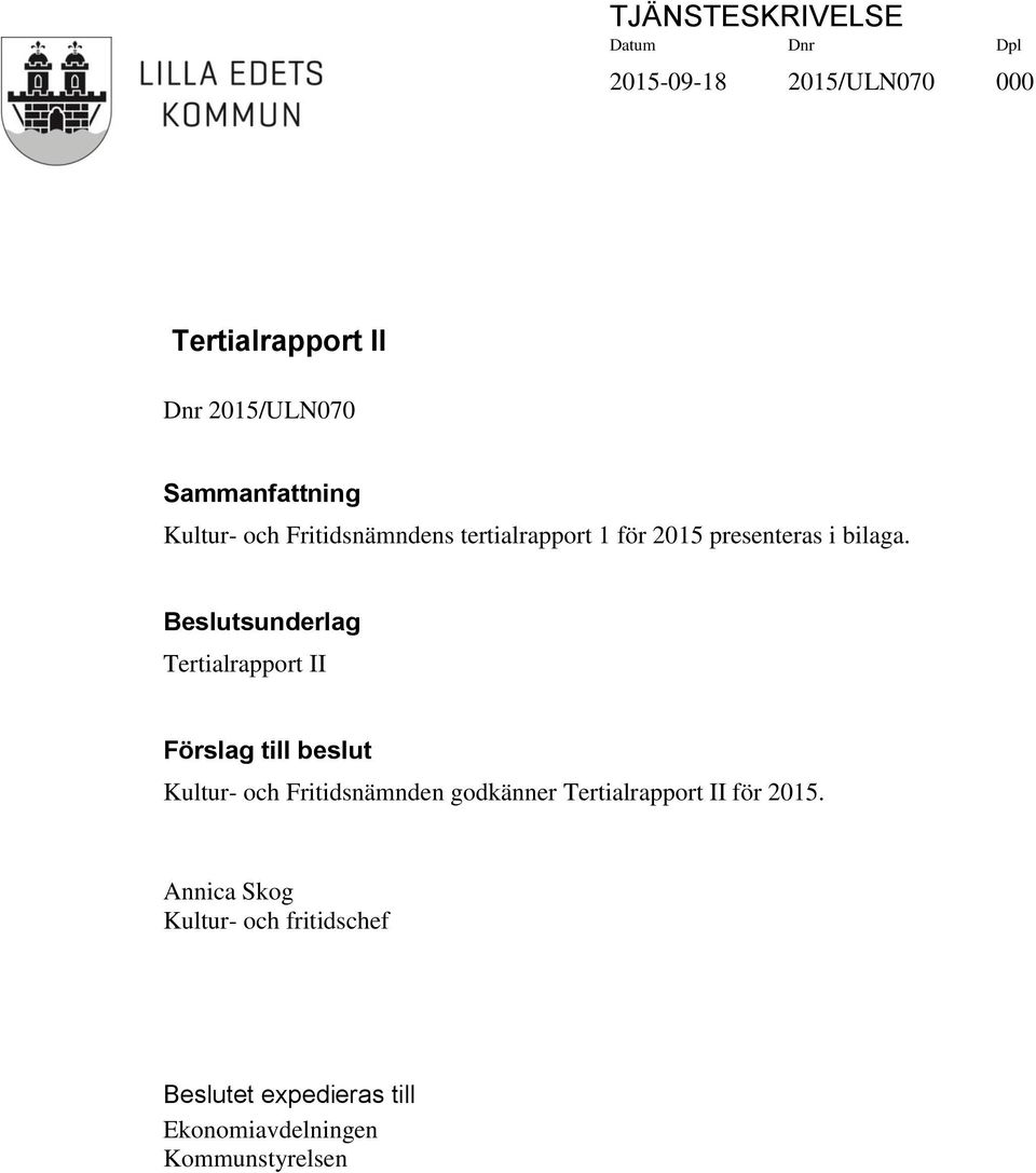 Beslutsunderlag Tertialrapport II Förslag till beslut Kultur- och Fritidsnämnden godkänner