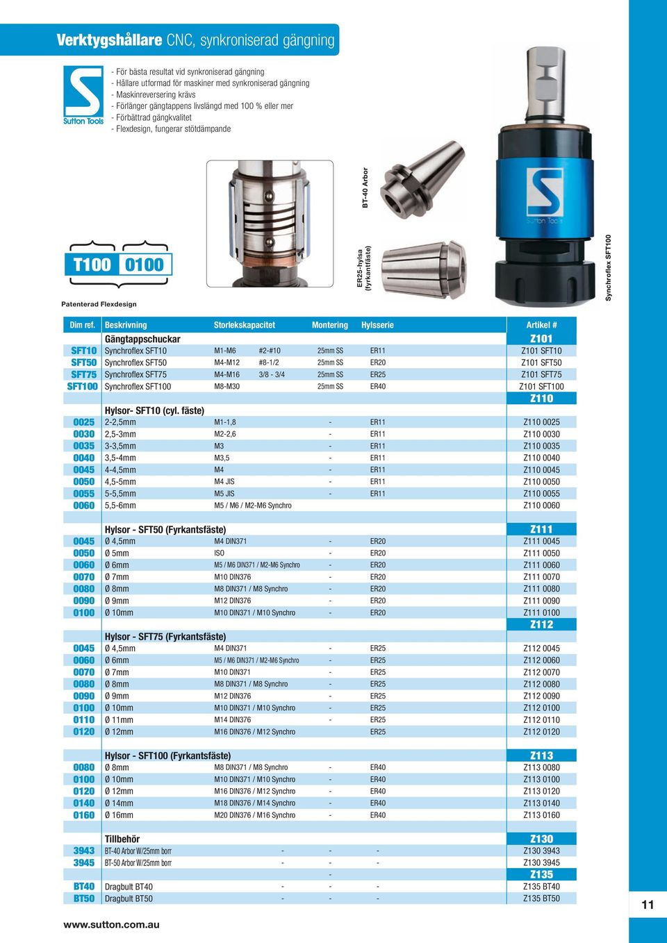 ref. Beskrivning Storlekskapacitet Montering Hylsserie Artikel # Gängtappschuckar Z101 SFT10 Synchroflex SFT10 M1-M6 #2-#10 25mm SS ER11 Z101 SFT10 SFT50 Synchroflex SFT50 M4-M12 #8-1/2 25mm SS ER20