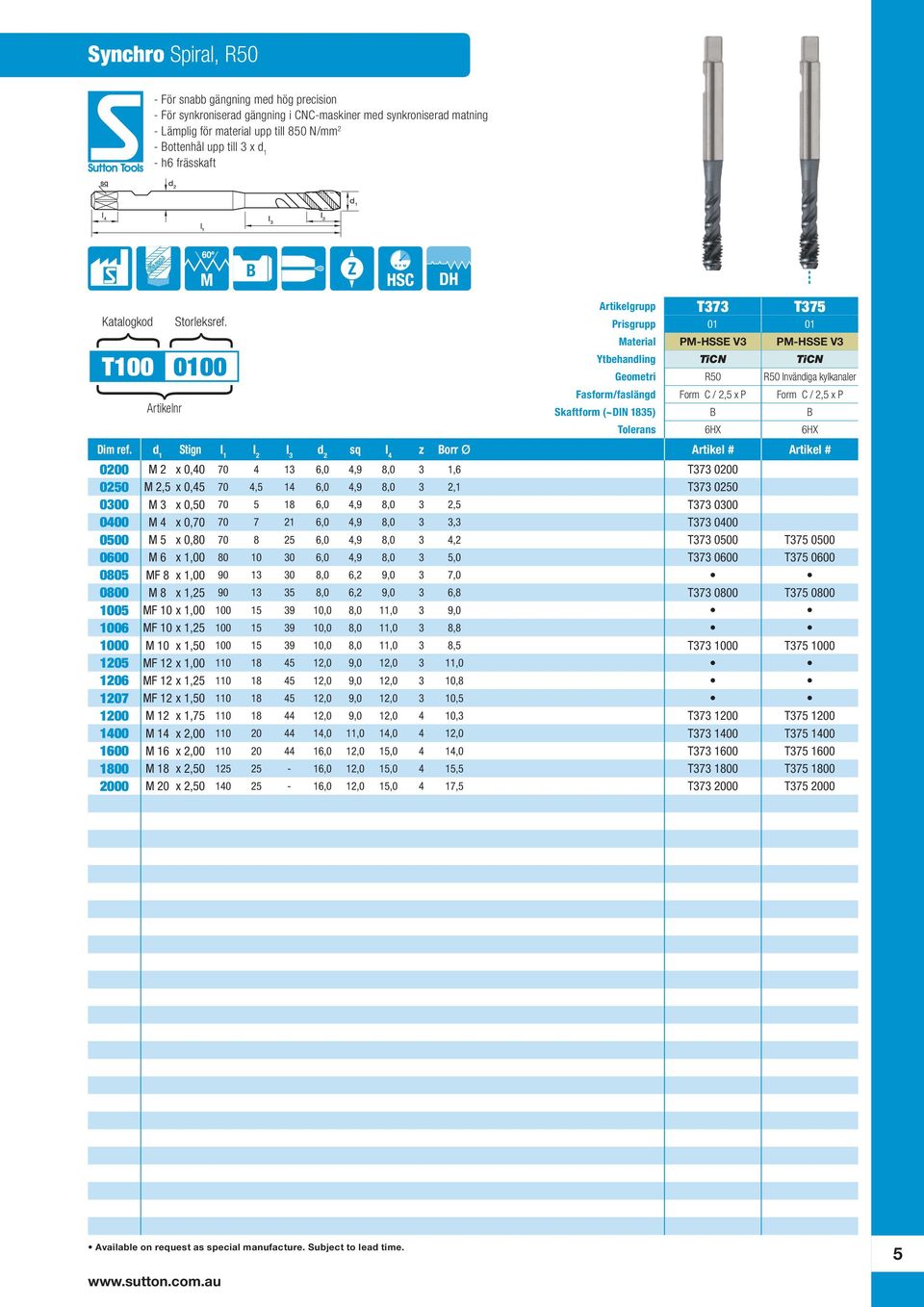 B Artikelgrupp T373 T375 Prisgrupp 01 01 Material PM-HSSE V3 PM-HSSE V3 Ytbehandling TiCN TiCN Geometri R50 R50 Invändiga kylkanaler Fasform/faslängd Form C / 2,5 x P Form C / 2,5 x P Skaftform (~DIN