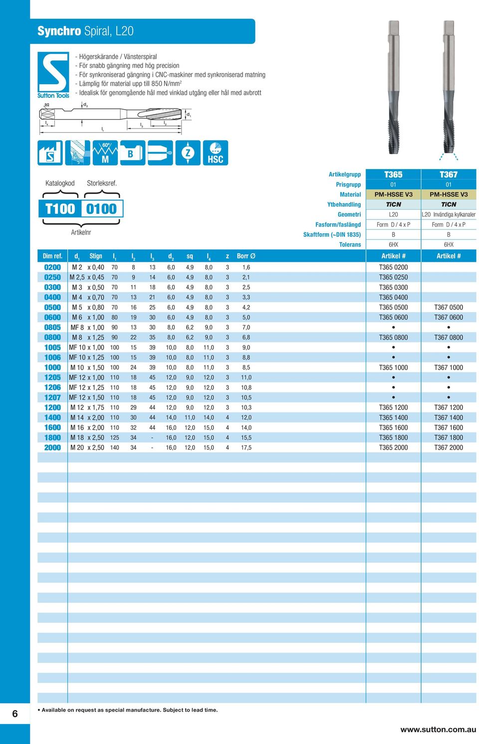 B Artikelgrupp T365 T367 Prisgrupp 01 01 Material PM-HSSE V3 PM-HSSE V3 Ytbehandling TiCN TiCN Geometri L20 L20 Invändiga kylkanaler Fasform/faslängd Form D / 4 x P Form D / 4 x P Skaftform (~DIN