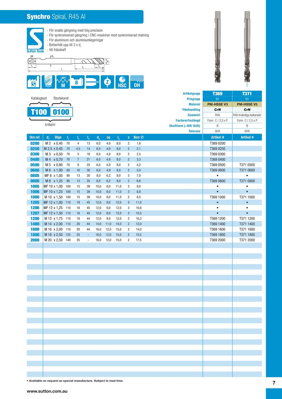 B Artikelgrupp T369 T371 Prisgrupp 01 01 Material PM-HSSE V3 PM-HSSE V3 Ytbehandling CrN CrN Geometri R45 R45 Invändiga kylkanaler Fasform/faslängd Form C / 2,5 x P Form C / 2,5 x P Skaftform (~DIN