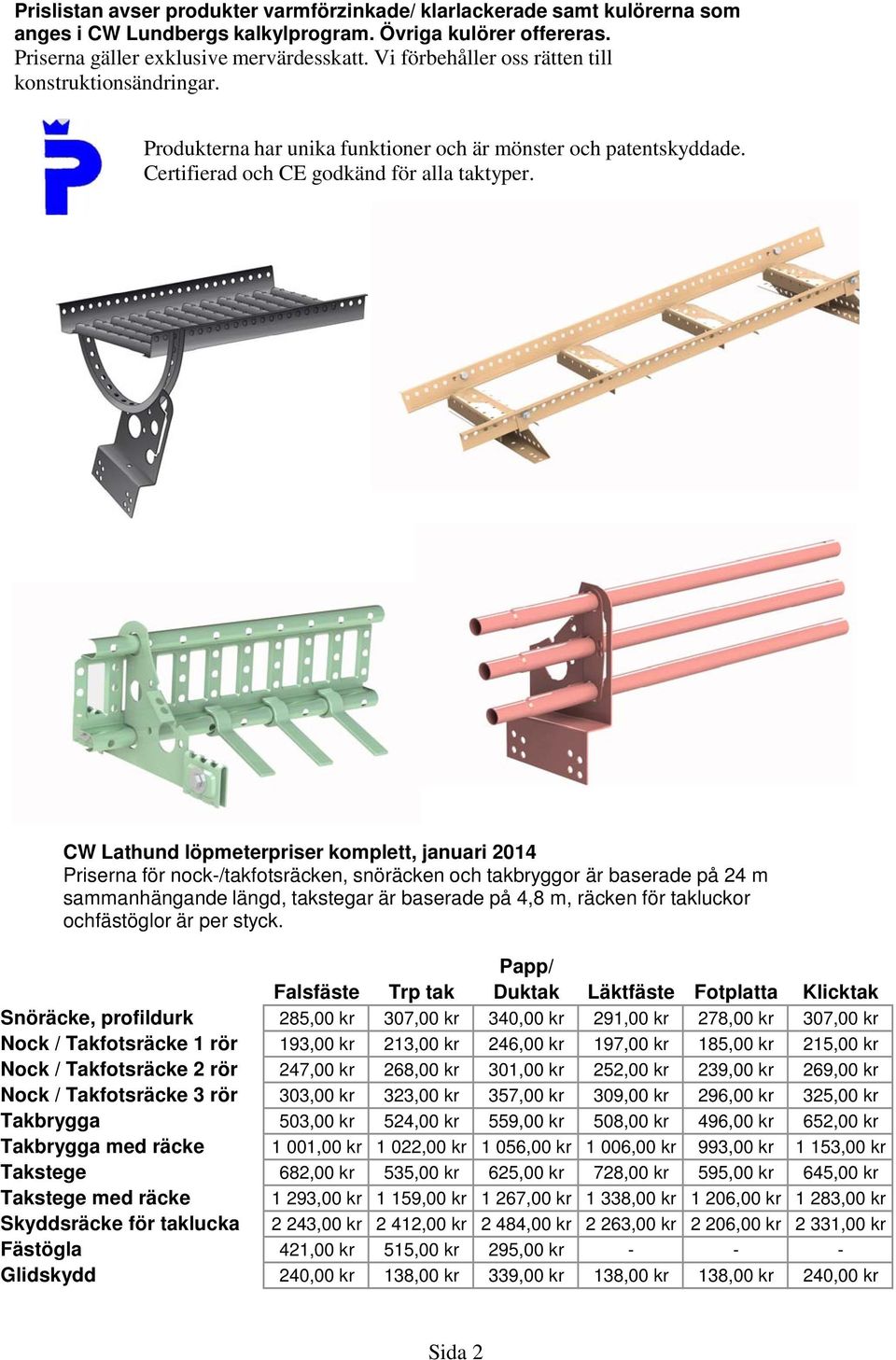 CW Lathund löpmeterpriser komplett, januari 2014 Priserna för nock-/takfotsräcken, snöräcken och takbryggor är baserade på 24 m sammanhängande längd, takstegar är baserade på 4,8 m, räcken för