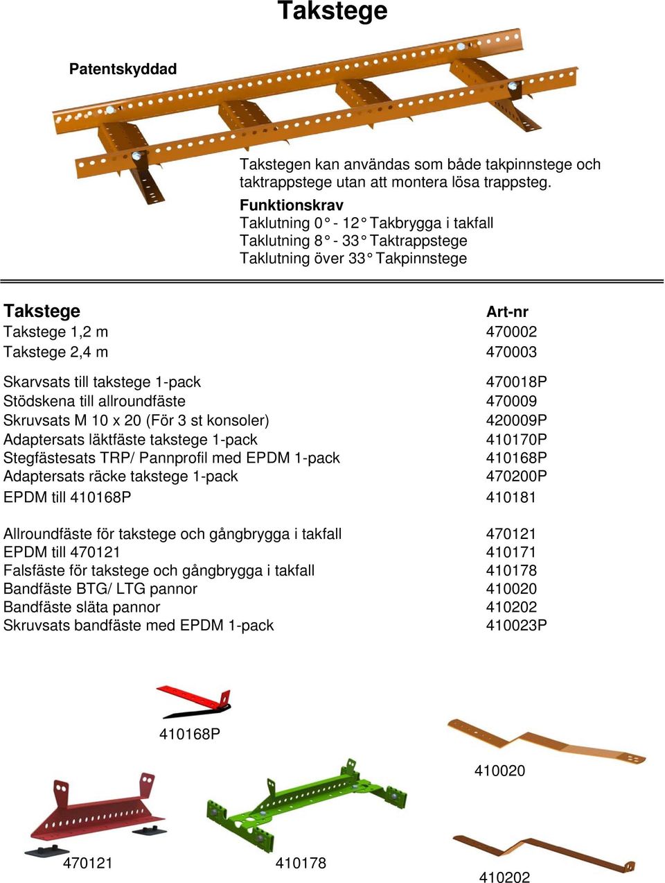 1-pack 470018P Stödskena till allroundfäste Skruvsats M 10 x 20 (För 3 st konsoler) Adaptersats läktfäste takstege 1-pack 470009 420009P 410170P Stegfästesats TRP/ Pannprofil med EPDM 1-pack 410168P