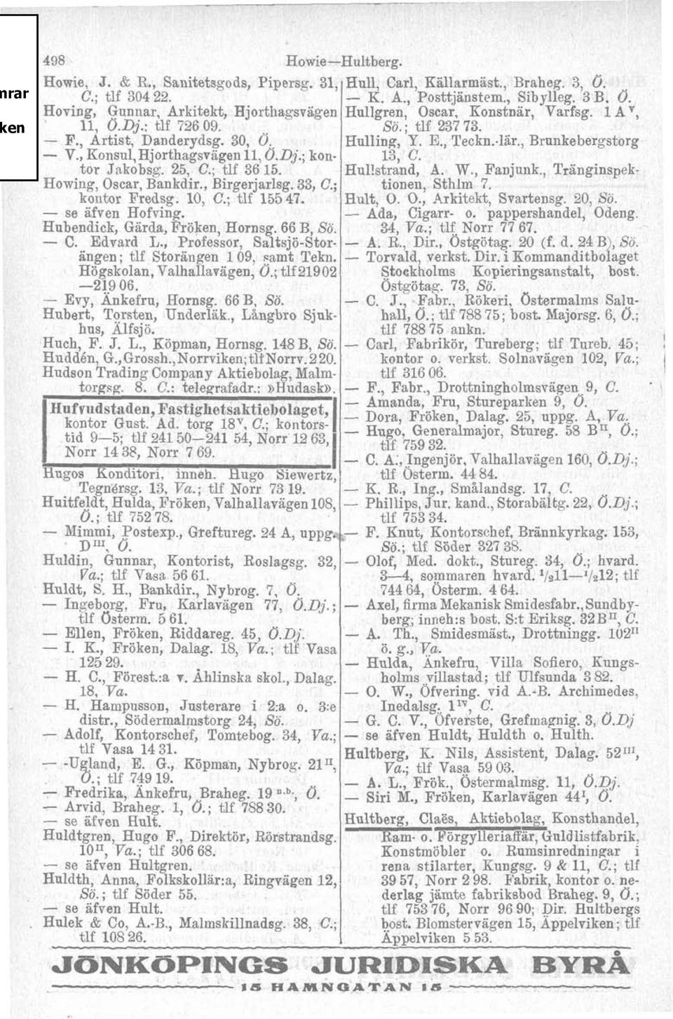 , Konsu1,Hjorthagsvägen 11, O.Dj.; kon 13, C. tor Jakobsg. 25, C.; tlf 36 15. Hul!strand, Rowing, Oscar, Bankdir., Birgerjarlsg. 33, C.; kontor Fredsg. 10, C.; tlf 15547. se äfven Hofving.