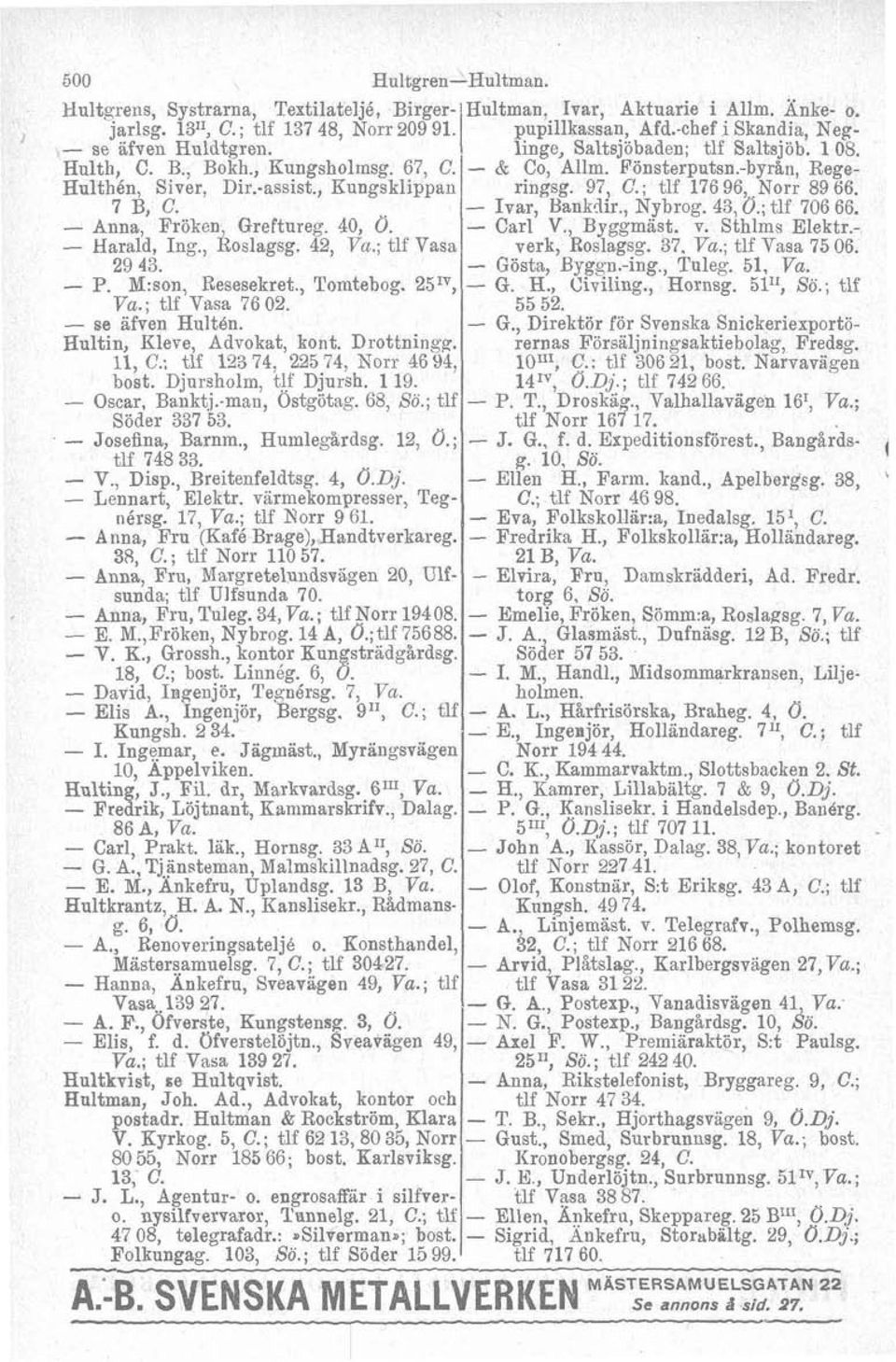 Hultin, Kleve, Advokat, kont. Drottningg. II, C.; tlf 123 74, 225 74, Norr 46 94, bost. Diursholm. tlf Diursh. 119. Oscar, ~aiktj.mad, Östgjtag. 68, Sö.; tlf Söder 337 53. Josefina, Barnm.