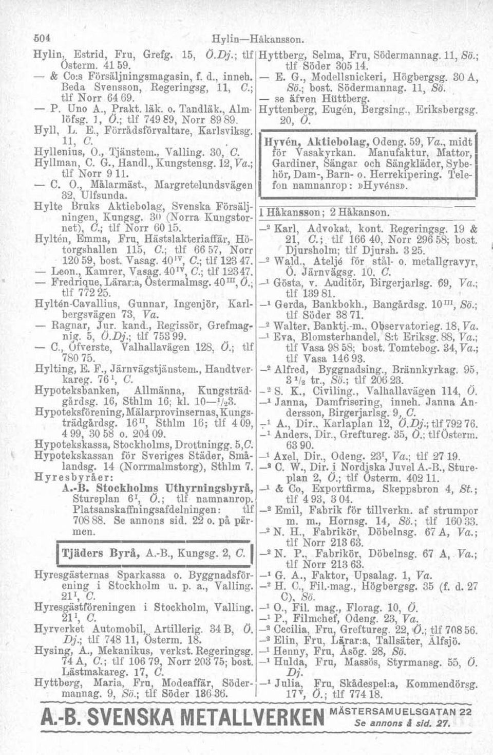 Beds Svensson, Regeringsg, 11, C.; tlf Norr 64 69. P. Uno A., Prakt. läk. o. Tandlak., Alm Iöfsg. l, O.; tlf 749 89, Norr 89 89. Hyll, L. E, Forr%dsf'örvaltare, Earlsviksg. 11, C. Hyllenius, O.