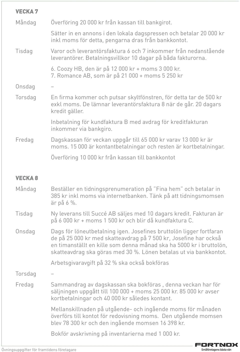 De lämnar leverantörsfaktura 8 när de går. 20 dagars kredit gäller. Inbetalning för kundfaktura B med avdrag för kreditfakturan inkommer via bankgiro.