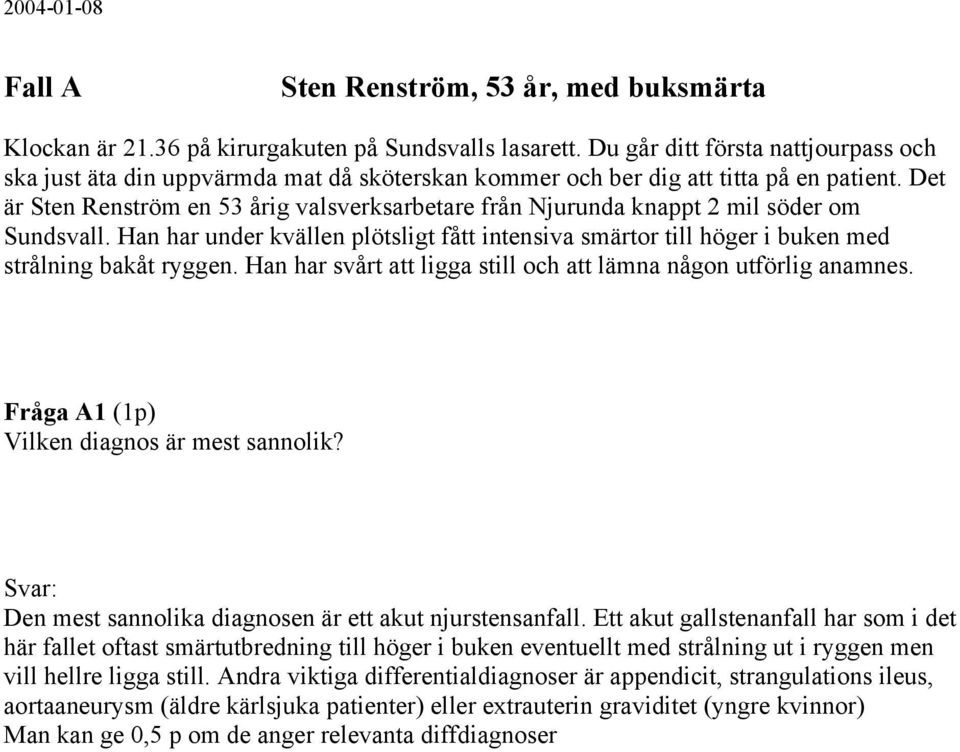 Det är Sten Renström en 53 årig valsverksarbetare från Njurunda knappt 2 mil söder om Sundsvall. Han har under kvällen plötsligt fått intensiva smärtor till höger i buken med strålning bakåt ryggen.