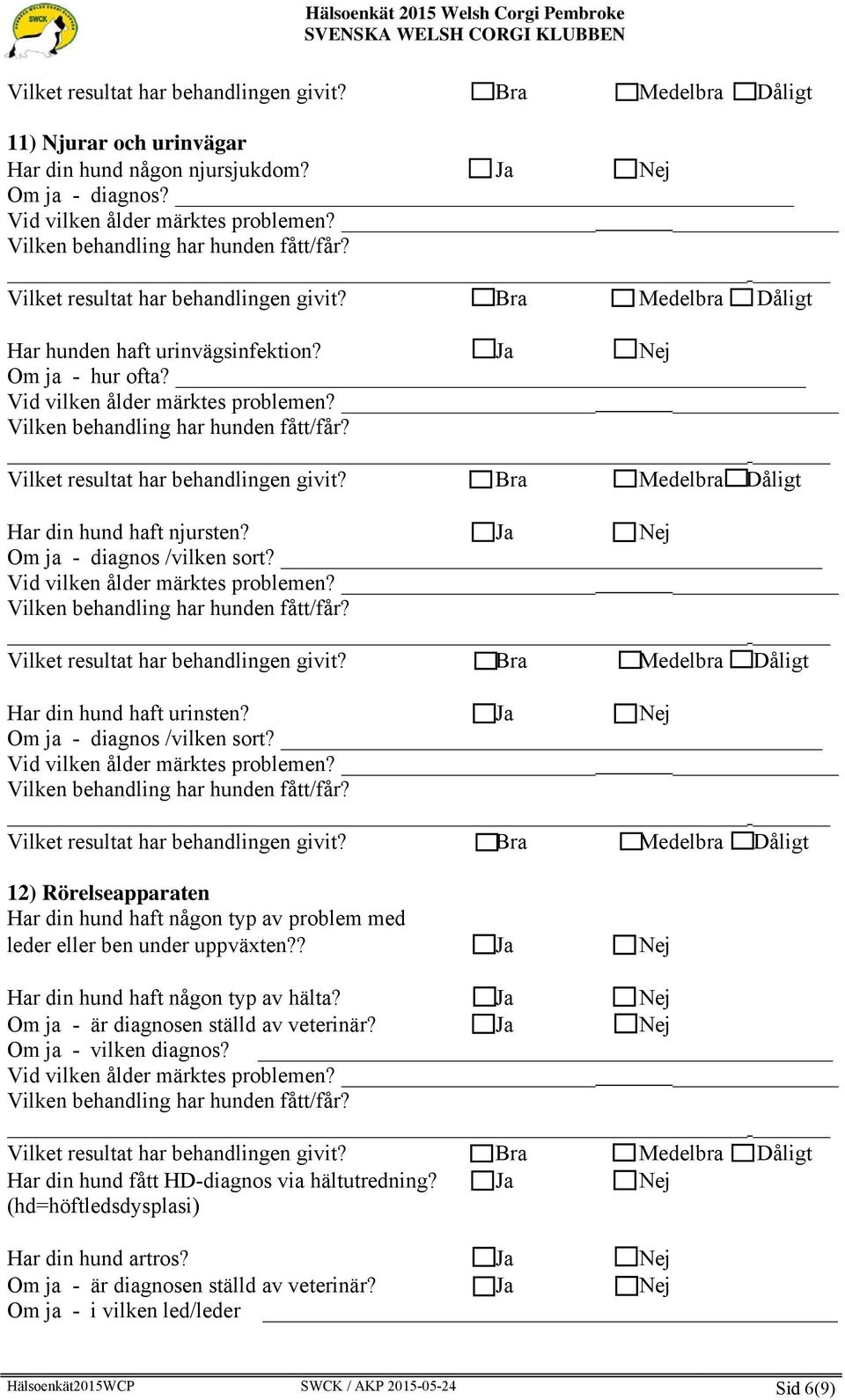 Har din hund haft urinsten? Ja Nej Om ja - diagnos /vilken sort?