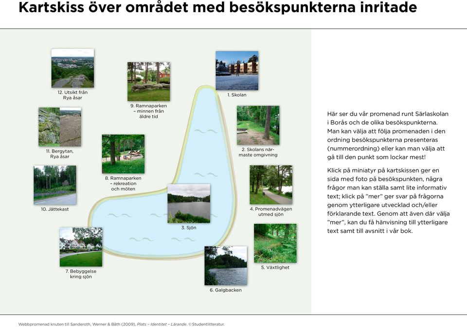 Man kan välja att följa promenaden i den ordning besökspunkterna presenteras (nummerordning) eller kan man välja att gå till den punkt som lockar mest!