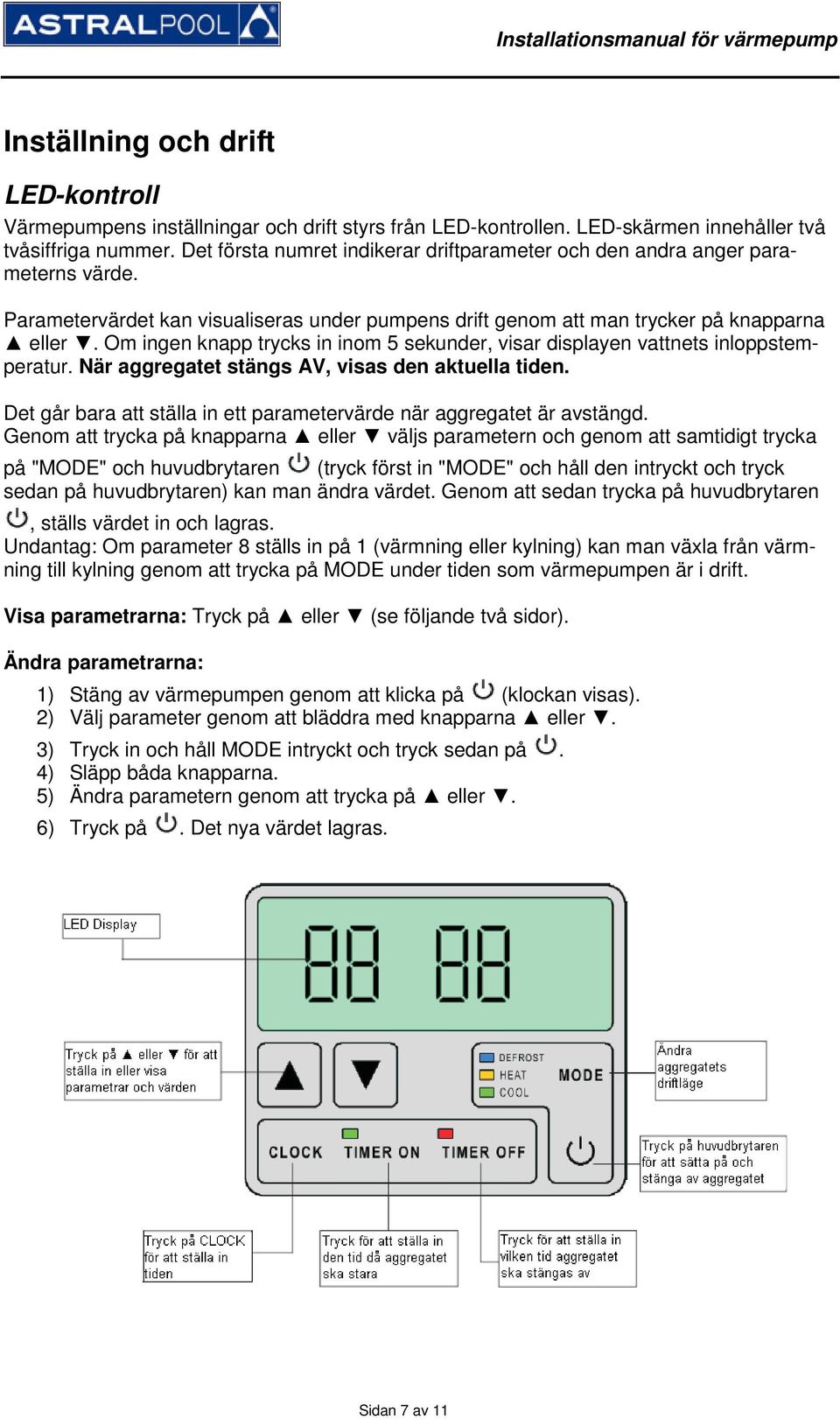 Om ingen knapp trycks in inom 5 sekunder, visar displayen vattnets inloppstemperatur. När aggregatet stängs AV, visas den aktuella tiden.