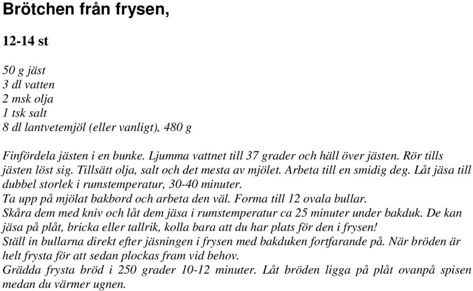 Ta upp på mjölat bakbord och arbeta den väl. Forma till 12 ovala bullar. Skåra dem med kniv och låt dem jäsa i rumstemperatur ca 25 minuter under bakduk.