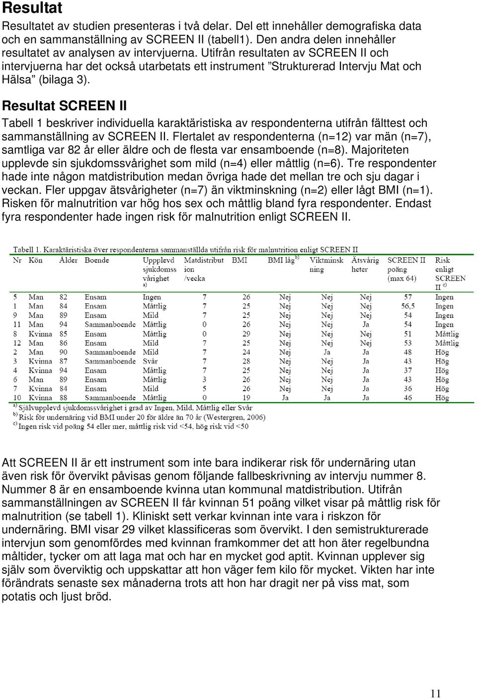 Utifrån resultaten av SCREEN II och intervjuerna har det också utarbetats ett instrument Strukturerad Intervju Mat och Hälsa (bilaga 3).