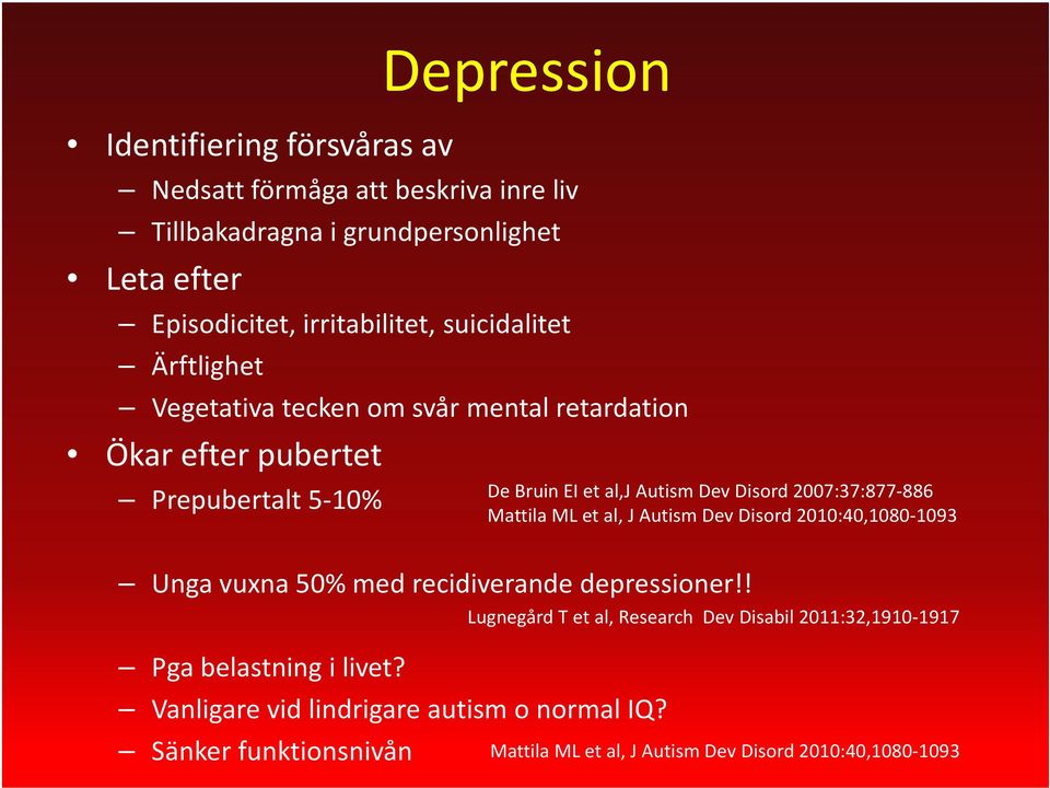 2007:37:877-886 Mattila ML et al, J Autism Dev Disord 2010:40,1080-1093 Unga vuxna 50% med recidiverande depressioner!! Pga belastning i livet?