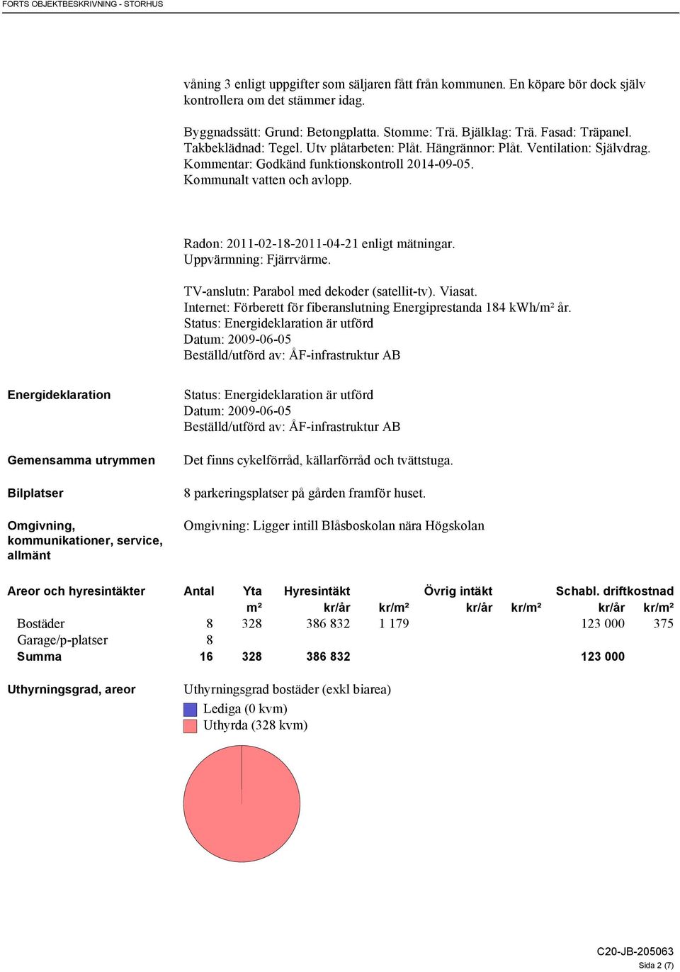 Radon: 2011-02-18-2011-04-21 enligt mätningar. Uppvärmning: Fjärrvärme. TV-anslutn: Parabol med dekoder (satellit-tv). Viasat. Internet: Förberett för fiberanslutning Energiprestanda 184 kwh/m² år.