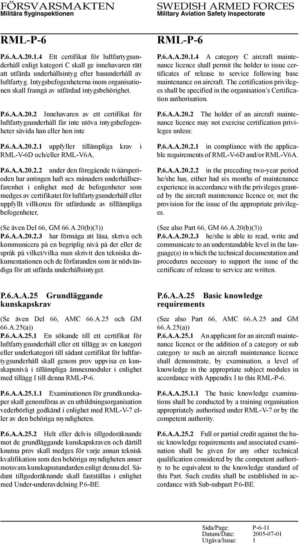 2 Innehavaren av ett certifikat för luftfartygsunderhåll får inte utöva intygsbefogenheter såvida han eller hon inte P.6.A.A.20.2.1 uppfyller tillämpliga krav i RML-V-6D och/eller RML-V6A,