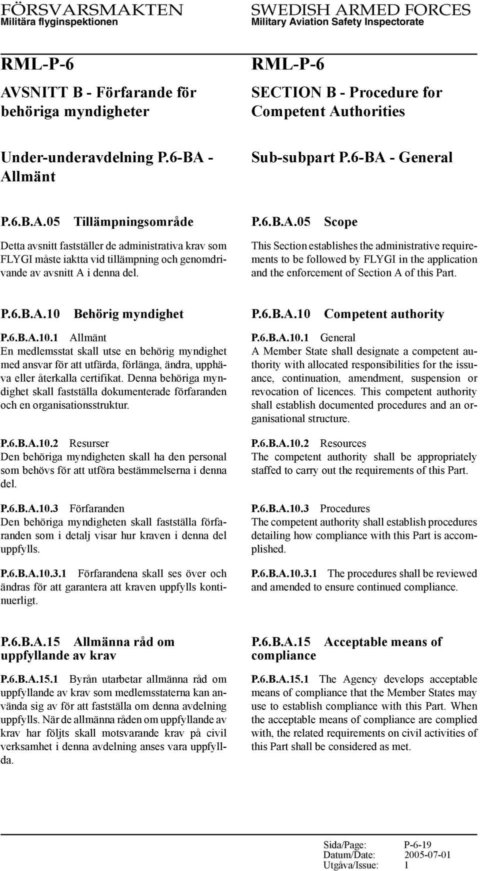 Behörig myndighet P.6.B.A.10.1 Allmänt En medlemsstat skall utse en behörig myndighet med ansvar för att utfärda, förlänga, ändra, upphäva eller återkalla certifikat.