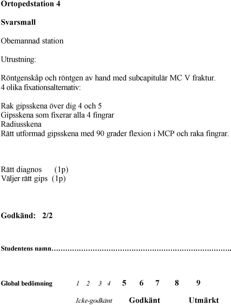 4 olika fixationsalternativ: Rak gipsskena över dig 4 och 5 Gipsskena som fixerar alla 4 fingrar