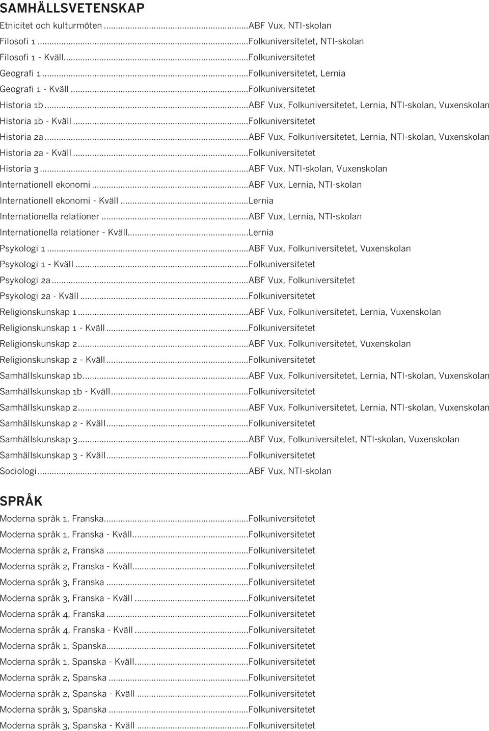 ..ABF Vux, Folkuniversitetet, Lernia, NTI-skolan, Vuxenskolan Historia 2a - Kväll...Folkuniversitetet Historia 3...ABF Vux, NTI-skolan, Vuxenskolan Internationell ekonomi.