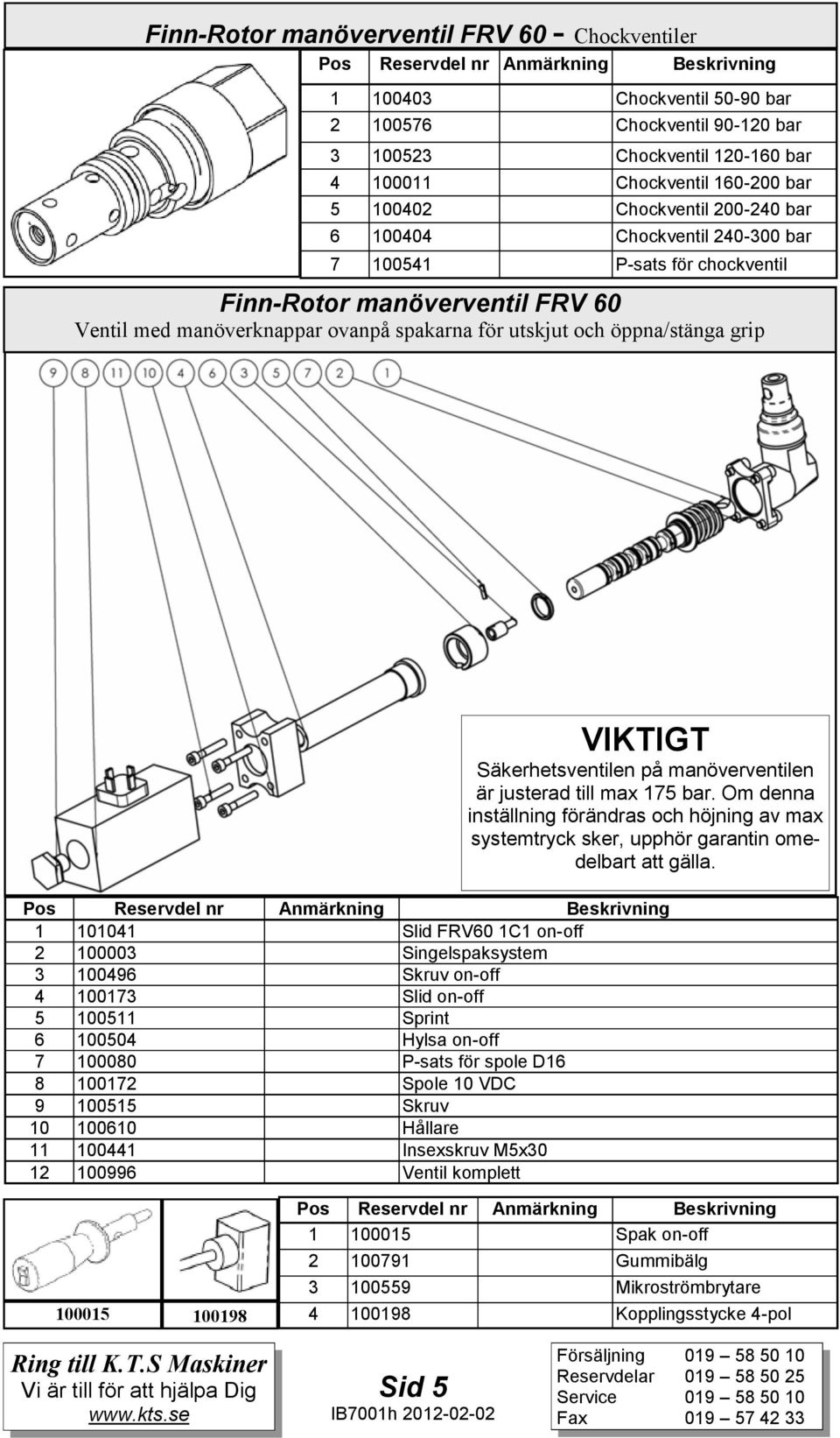 Presskanalplugg 11 100960 Slid FRV60 1H 12 100095 Kula D10 13 100203 Fjäder 14 100547 Backventilplugg 15 100937 Säte 16 100141 O-ring 20,3 x 2,4 90 sh 17 100691 Fjäder