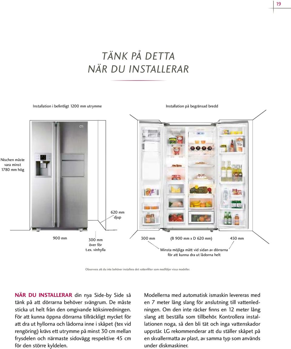 När du installerar din nya Side-by Side så tänk på att dörrarna behöver svängrum. De måste sticka ut helt från den omgivande köksinredningen.