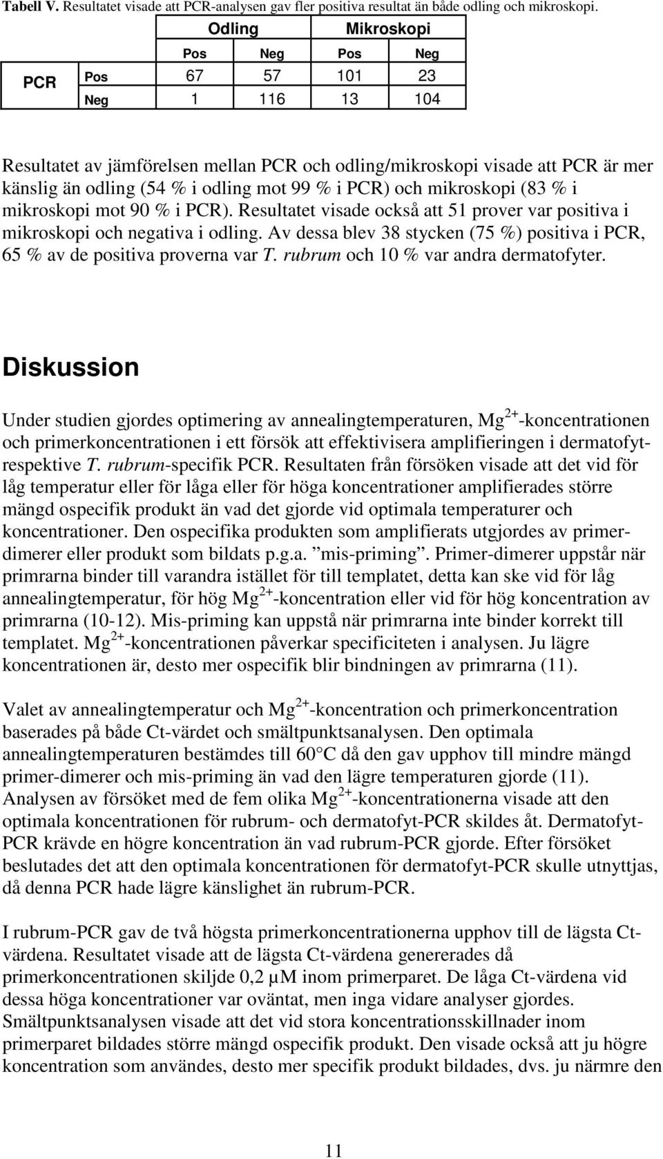 PCR) och mikroskopi (83 % i mikroskopi mot 90 % i PCR). Resultatet visade också att 51 prover var positiva i mikroskopi och negativa i odling.