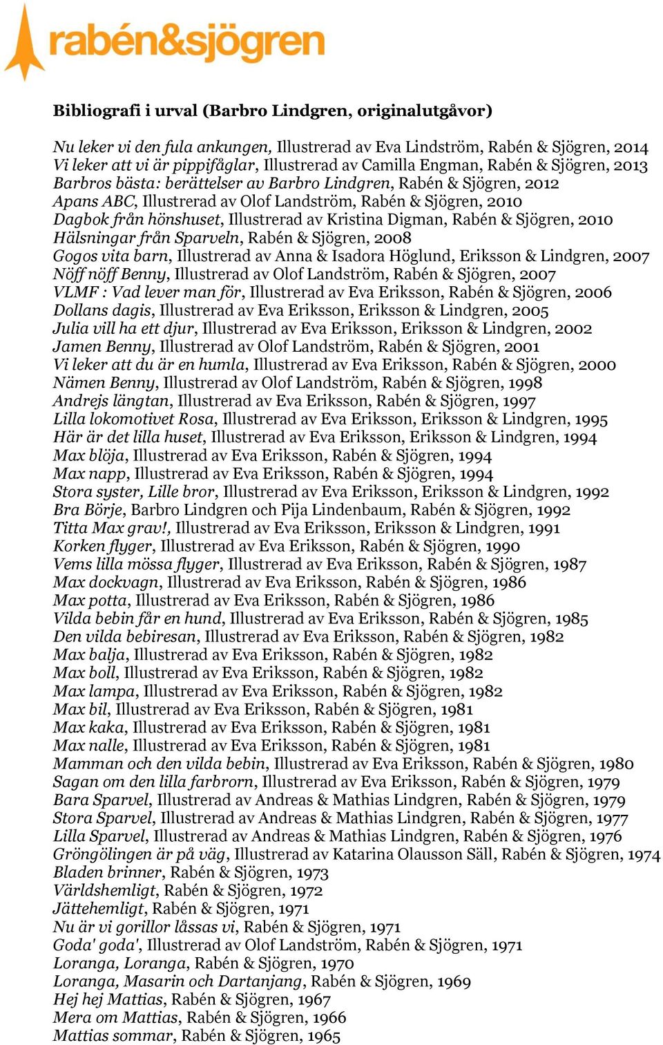 av Kristina Digman, Rabén & Sjögren, 2010 Hälsningar från Sparveln, Rabén & Sjögren, 2008 Gogos vita barn, Illustrerad av Anna & Isadora Höglund, Eriksson & Lindgren, 2007 Nöff nöff Benny,