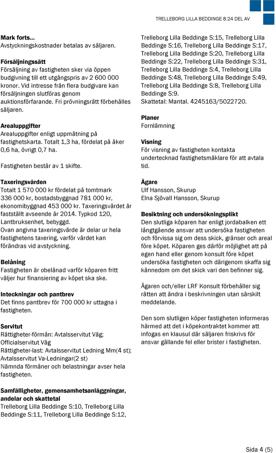 Totalt 1,3 ha, fördelat på åker 0,6 ha, övrigt 0,7 ha. Fastigheten består av 1 skifte.