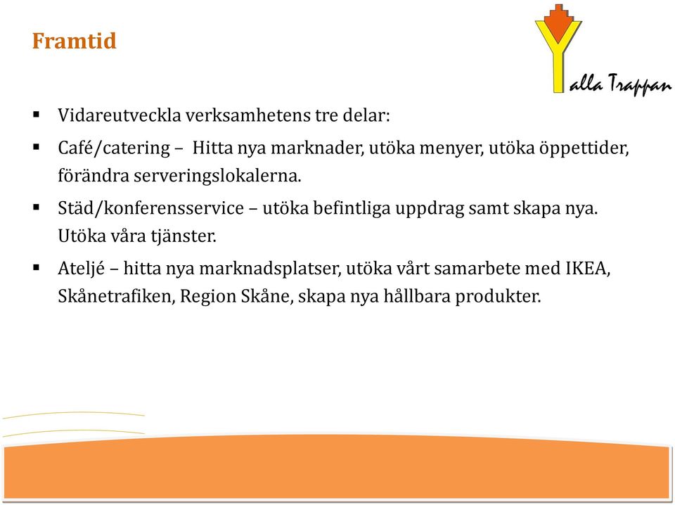 Städ/konferensservice utöka befintliga uppdrag samt skapa nya. Utöka våra tjänster.