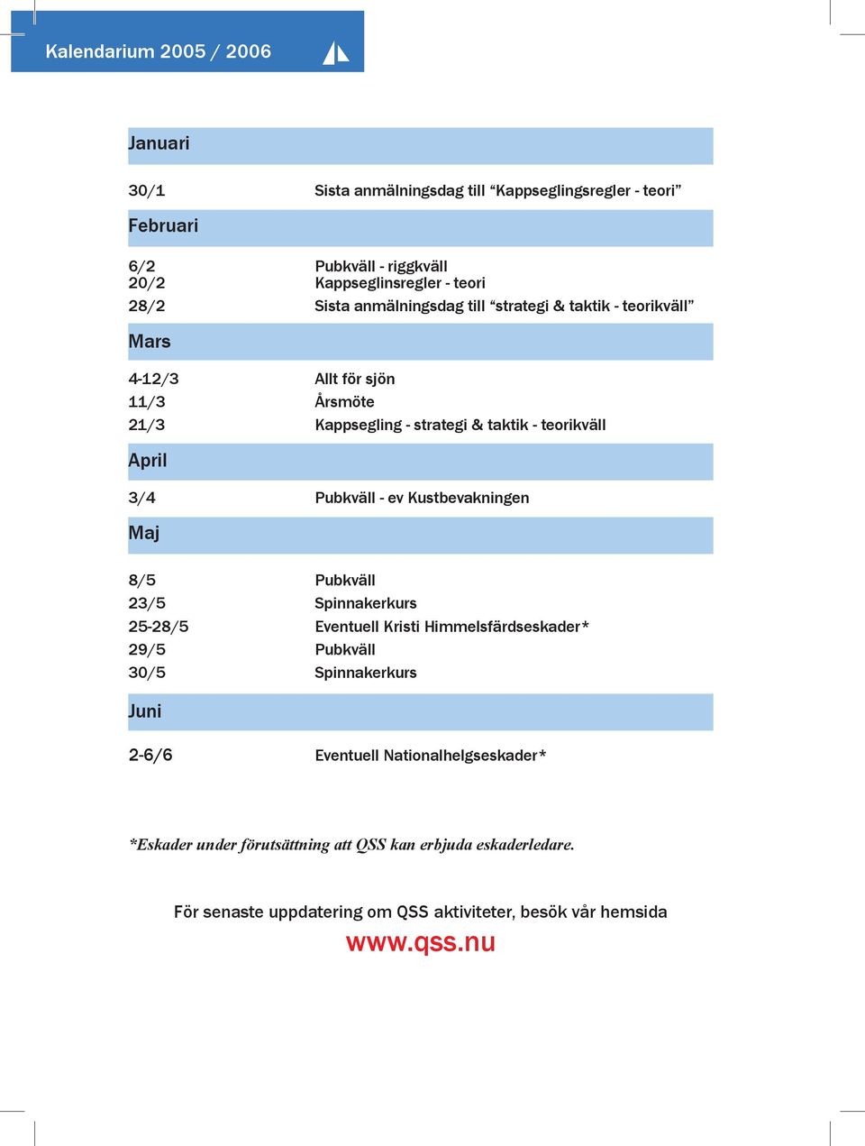 Pubkväll - ev Kustbevakningen Maj 8/5 Pubkväll 23/5 Spinnakerkurs 25-28/5 Eventuell Kristi Himmelsfärdseskader* 29/5 Pubkväll 30/5 Spinnakerkurs Juni 2-6/6