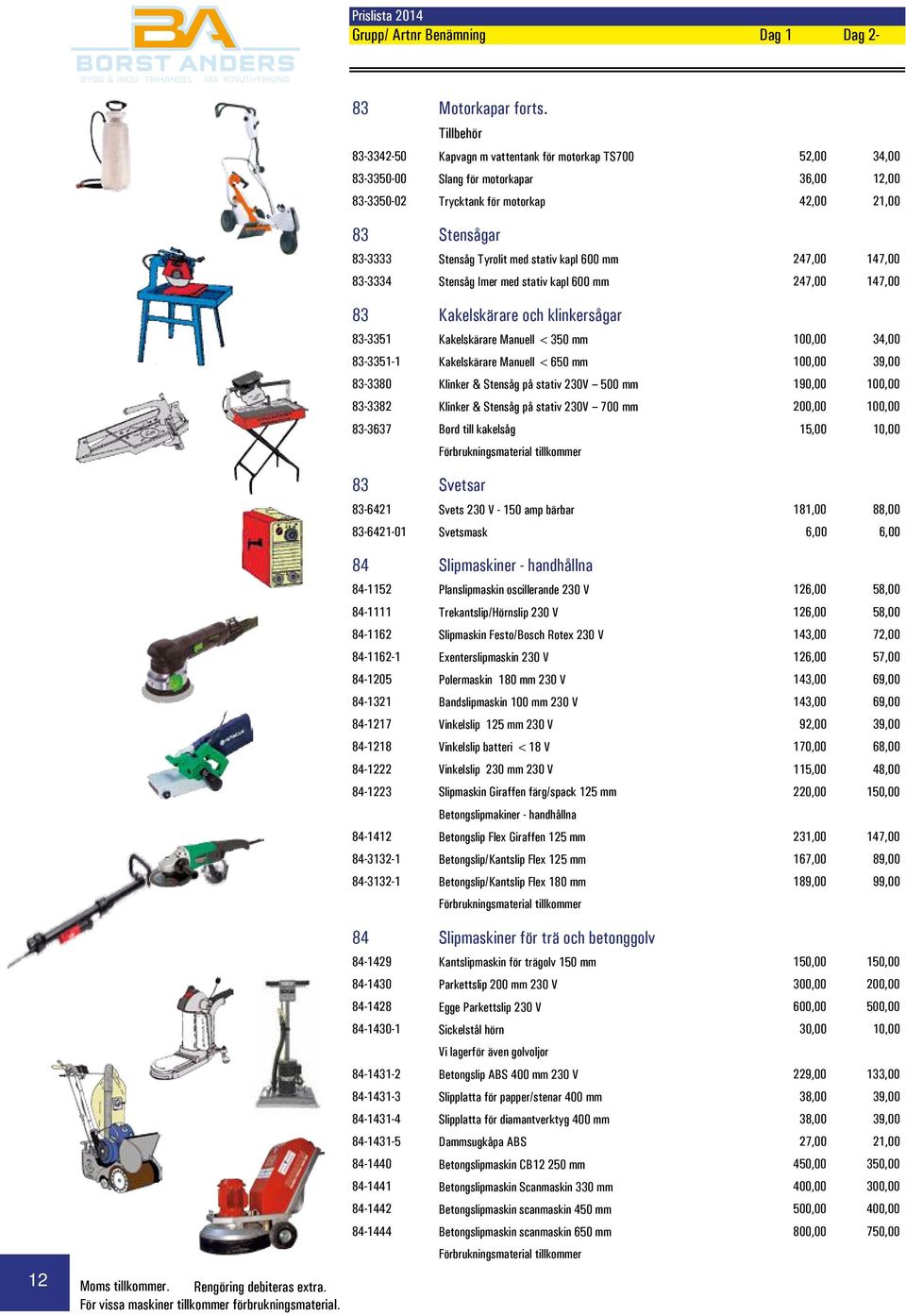 med stativ kapl 600 mm 247,00 147,00 83-3334 Stensåg Imer med stativ kapl 600 mm 247,00 147,00 83 Kakelskärare och klinkersågar 83-3351 Kakelskärare Manuell <350 mm 100,00 34,00 83-3351-1