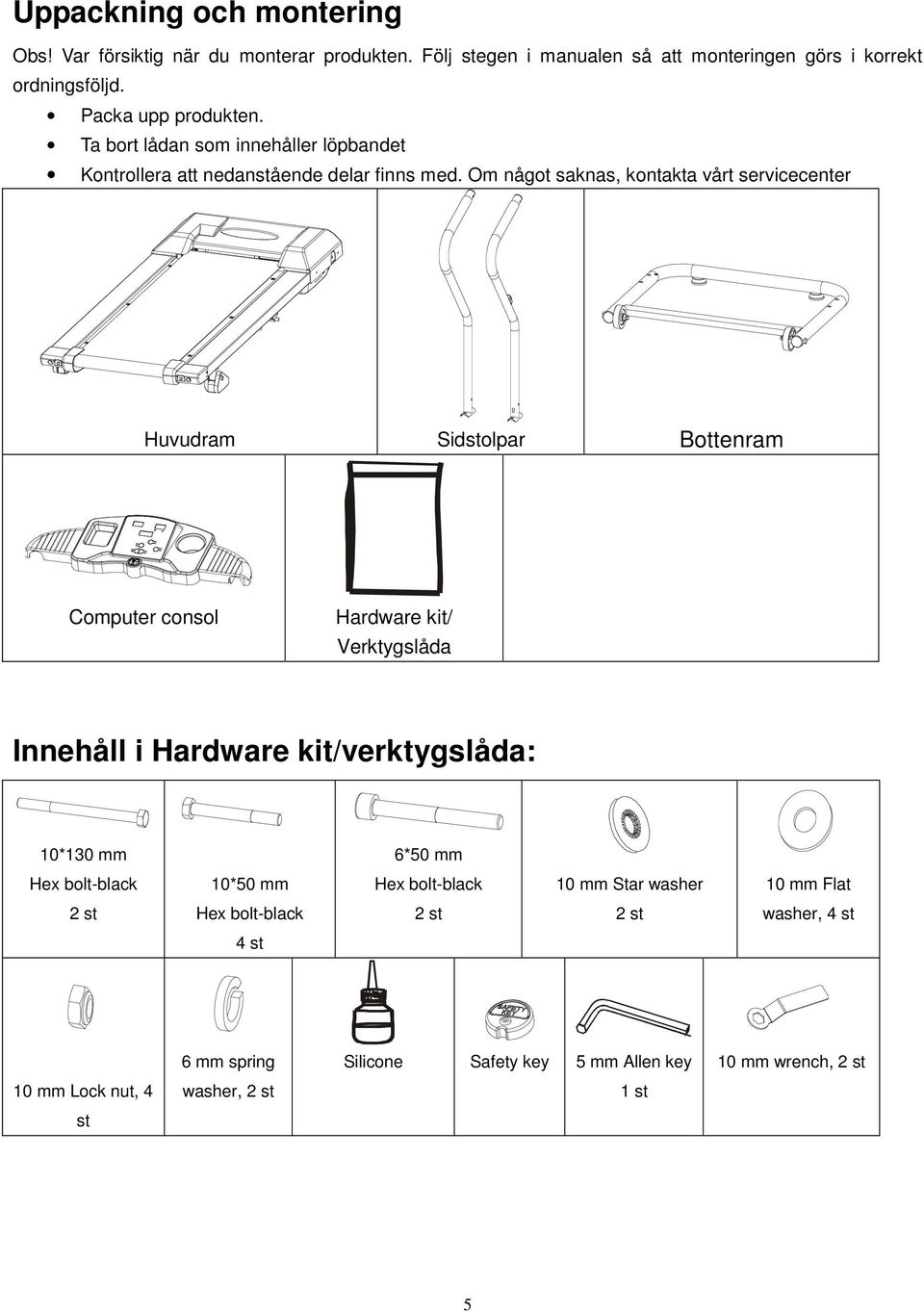 Om något saknas, kontakta vårt servicecenter Huvudram Sidstolpar Bottenram Computer consol Hardware kit/ Verktygslåda Innehåll i Hardware kit/verktygslåda: