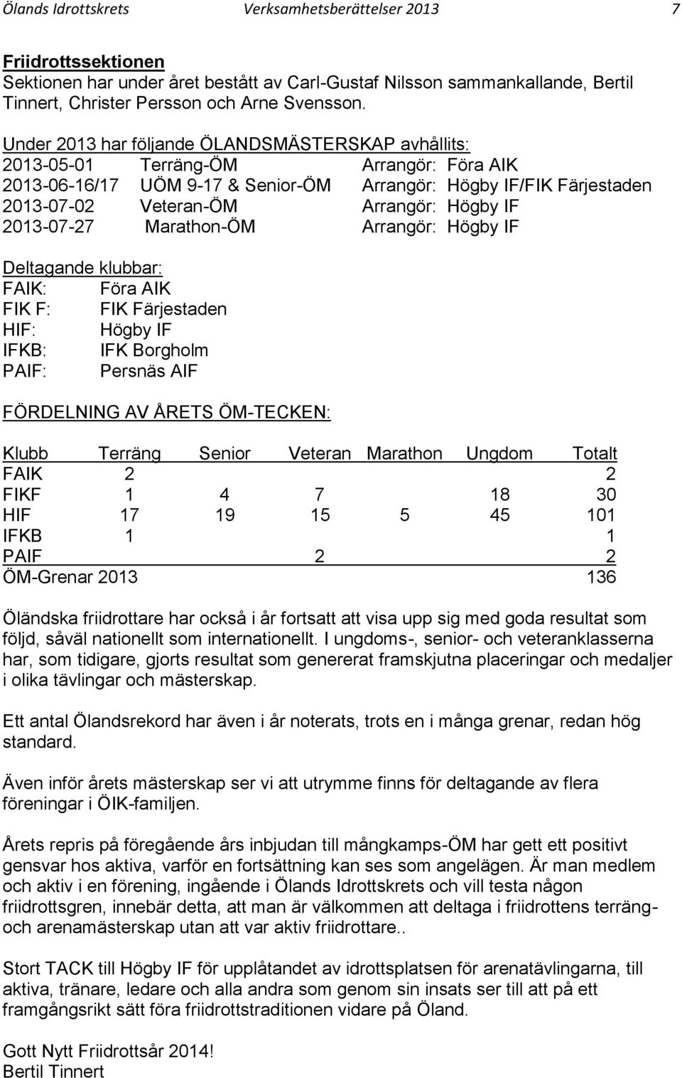 Högby IF 2013-07-27 Marathon-ÖM Arrangör: Högby IF Deltagande klubbar: FAIK: Föra AIK FIK F: FIK Färjestaden HIF: Högby IF IFKB: IFK Borgholm PAIF: Persnäs AIF FÖRDELNING AV ÅRETS ÖM-TECKEN: Klubb