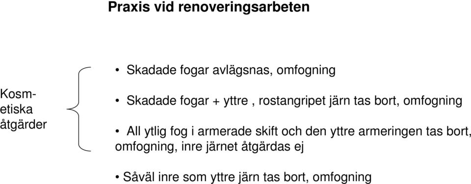 omfogning All ytlig fog i armerade skift och den yttre armeringen tas