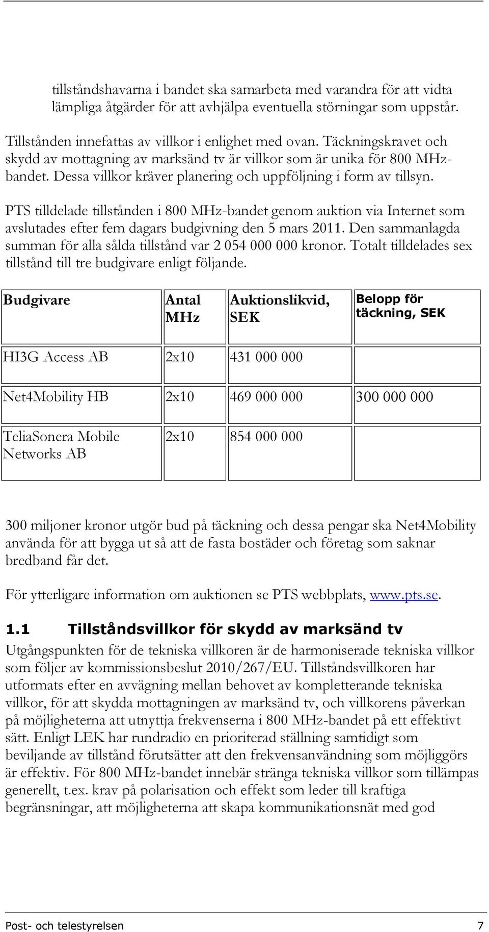 PTS tilldelade tillstånden i 800 MHz-bandet genom auktion via Internet som avslutades efter fem dagars budgivning den 5 mars 2011.