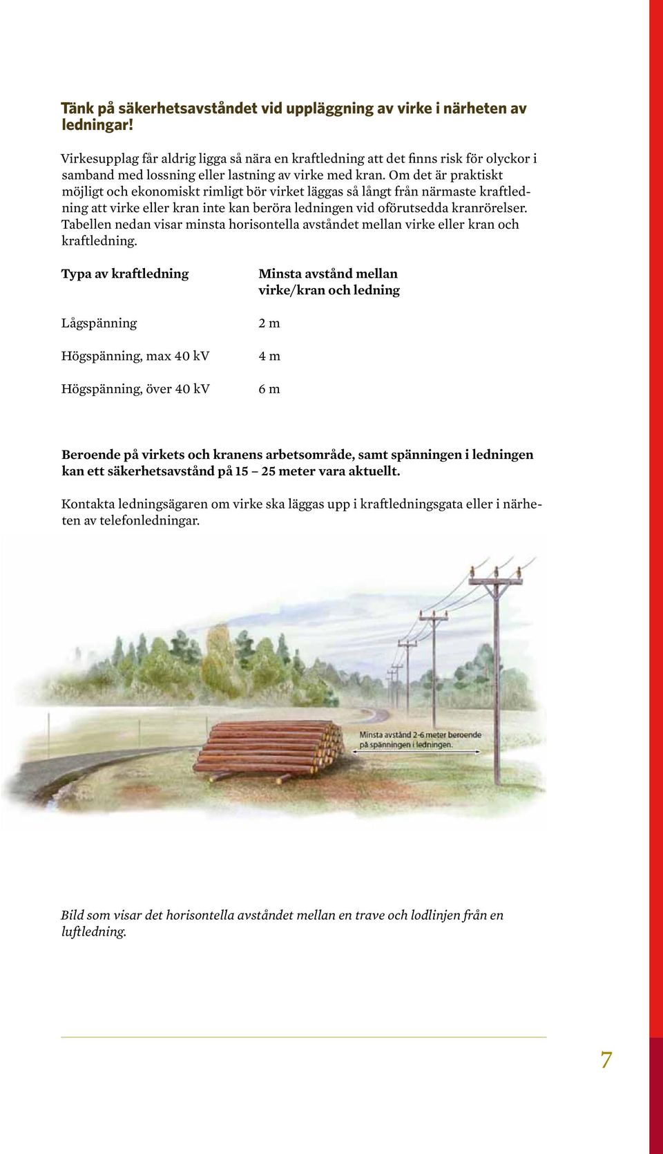 Om det är praktiskt möjligt och ekonomiskt rimligt bör virket läggas så långt från närmaste kraftledning att virke eller kran inte kan beröra ledningen vid oförutsedda kranrörelser.