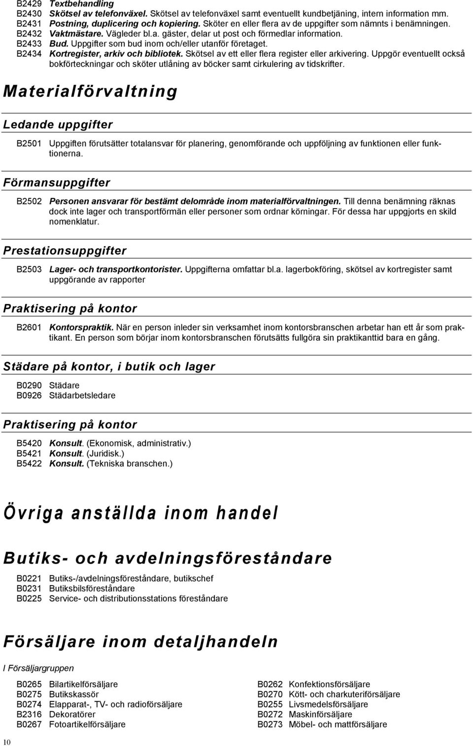 Uppgifter som bud inom och/eller utanför företaget. B2434 Kortregister, arkiv och bibliotek. Skötsel av ett eller flera register eller arkivering.