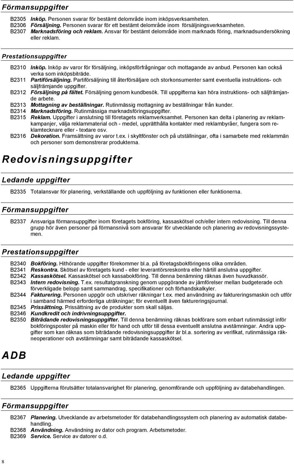 Inköp av varor för försäljning, inköpsförfrågningar och mottagande av anbud. Personen kan också verka som inköpsbiträde. B2311 Partiförsäljning.