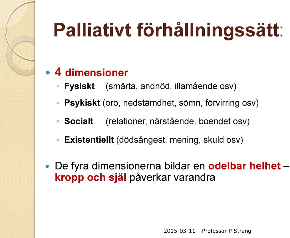 boendet osv) Existentiellt (dödsångest, mening, skuld osv) De fyra dimensionerna